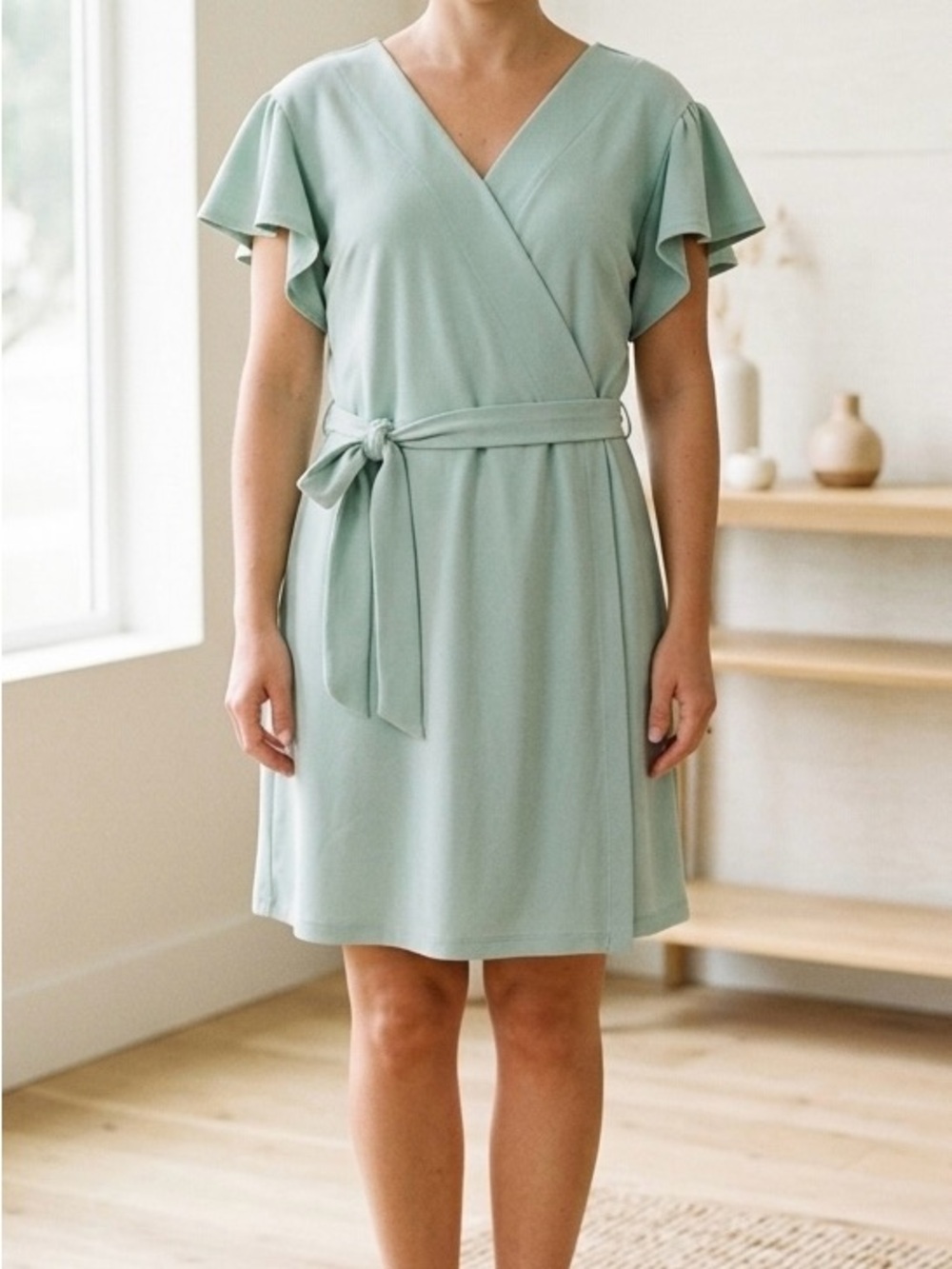 Nine West Petite Faux Wrap Green Dress PXL Flutter Sleeve Sage Work Office EUC